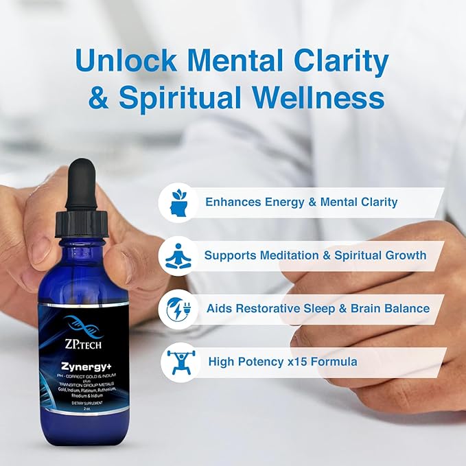 Zynergy Plus Colloidal Gold Liquid | All Natural Pure Monoatomic 24k Food Grade Mineral Au &amp Indium | Ormus Gold Oil Supports Pineal Gland Anti-Aging Meditation Yoga Third Eye