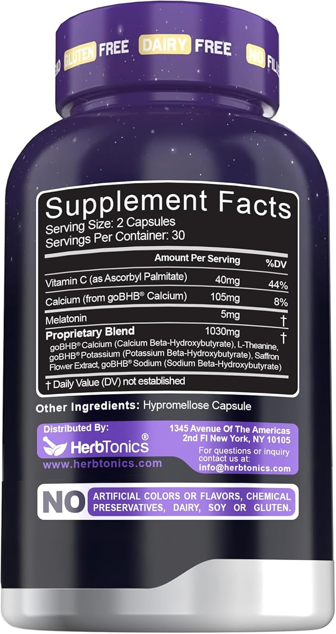 Herbtonics Keto Sleep Support | Night-Time Burner &amp Sleep Aid | with Melatonin 5mg BHB Salts &amp L-Theanine | Restful Sleep &amp Weight Management Formula for Women &amp Men | 60 Vegan Capsul