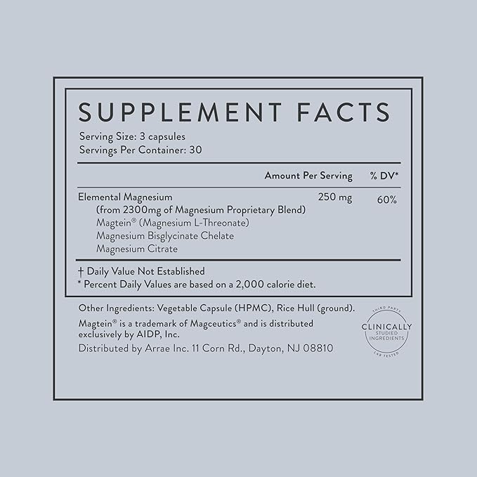 Arrae Magnesium Supplement Magnesium Glycinate Citrate &amp L-threonate 250 mg Support Mood Sleep Nerves and Muscles90 Capsules