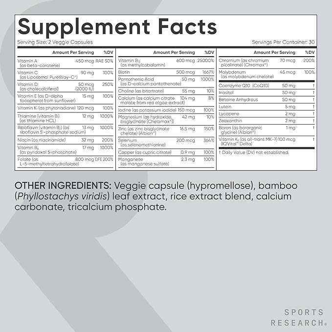 Sports Research® Energy Production Pack - 23 Essential Vitamins &amp Minerals with CoQ10 &amp Iodine - Daily Nutrient Support + L-Theanine Supplement + Caffeine &amp MCT Oil + Magnesium L-Threonate