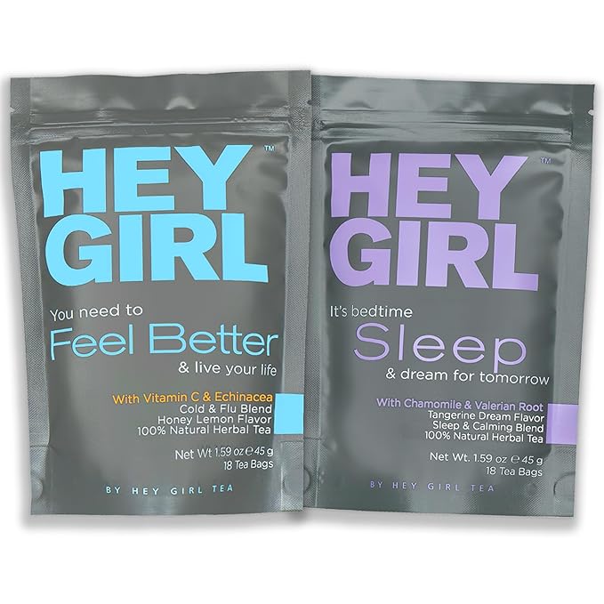 Hey Girl Sleep + Feel Better Tea Bundle - Sleep Tea w/Chamomile Valerian Root &amp Lemon Balm in Tea Bags + Feel Better Herbal Tea with Echinacea Elderberry Vitamin C