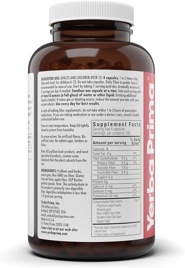 Yerba Prima Daily Fiber Caps Formula 400 Capsules (Pack of 2) - Both Soluble/Insoluble Fiber with Psyllium Seed Husks Acacia Gum Apple Fiber Supplement