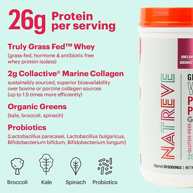 Natreve Whey Protein Powder - 26g Grass-Fed Whey Protein with Amino Acids Probiotics &amp Collagen - Gluten Free &amp Unflavored 20 Servings