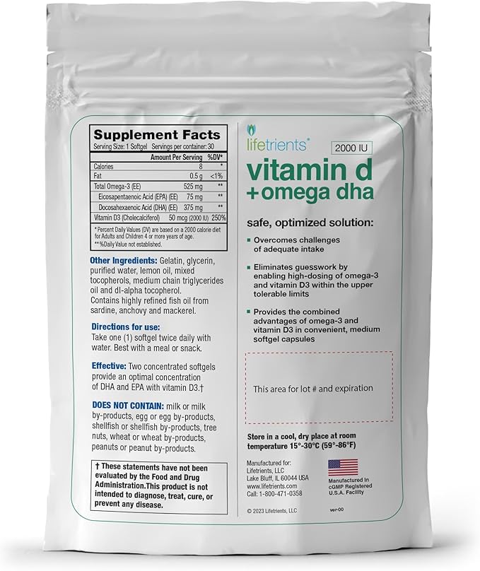 Lifetrients - Premium Omega-3 Fish Oil &amp Vitamin D3 Softgel Capsules - 375mg DHA Boost + 2000 IU - Zesty Lemon Flavor Fish Oil Supplements for Women and Men - USA Made - Heart &amp Brain Health -