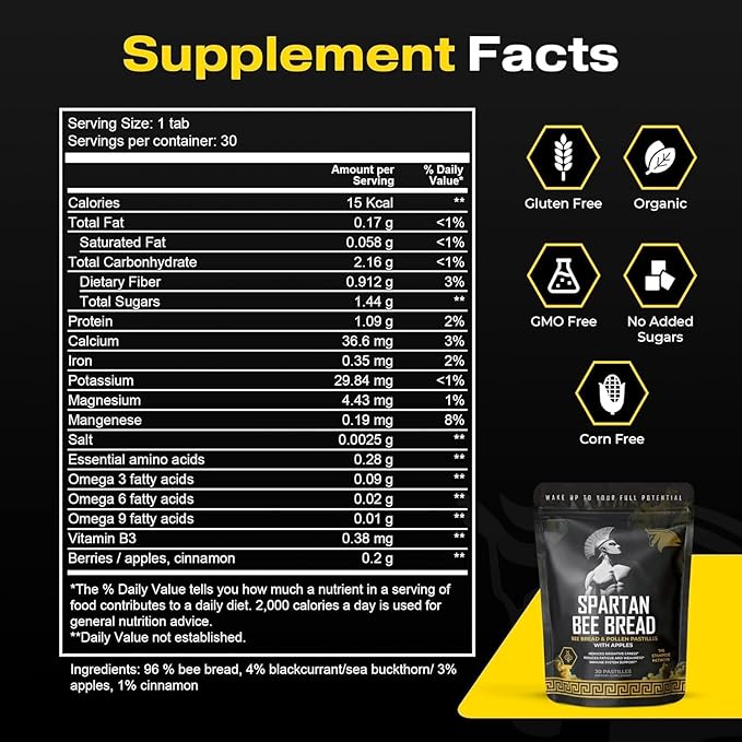 Spartan Bee Bread Chewables – Bee Bread Raw Organic Natural Multivitamin with Bee Pollen Propolis &amp Royal Jelly | Fermented for Energy Vitality Recovery &amp Immunity | Non-GMO Nothing Synthe