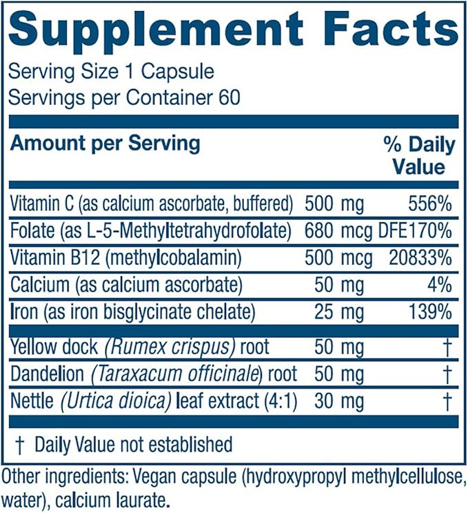 Vitanica Iron Extra Iron Supplement Enhanced Absorption with Vitamin C 500mg Methylfolate 400mcg B12 Vitamin 500mcg Calcium Yellow Dock Dandelion Root &amp Nettle Leaf Extract Vegan 60 Capsul