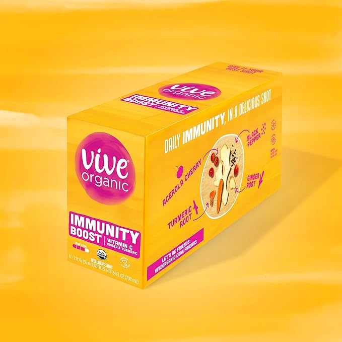 Vive Organic Vitamin C + Immune Support Shot Cold-Pressed Turmeric Ginger &amp Acerola Cherry Gluten Free Vegan Immunity Boost Vitamin C 2 Fl Oz (Pack of 12)