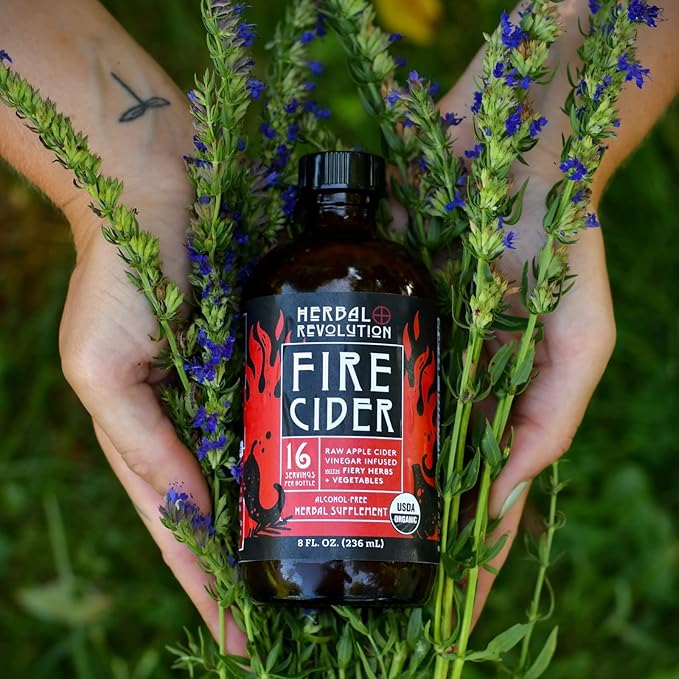Herbal Revolution Fire Cider Apple Cider Vinegar - Certified Organic Non-GMO ACV Infused with Ginger Horseradish Hot Peppers Honey and More - Made Using Regenerative Farming Practices 8 Oz