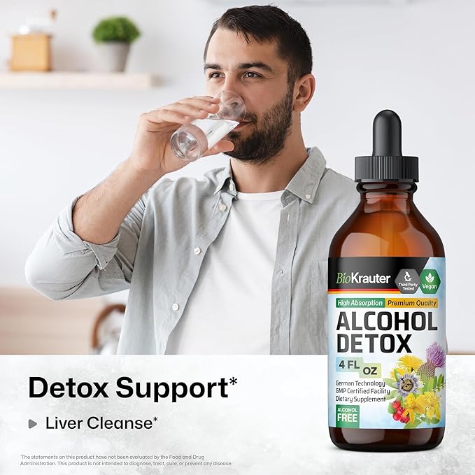 BIO KRAUTER® 6-in-1 Alcohol Detox - Vegan Liver Support Supplement - Milk Thistle Dandelion Root Chanca Piedra Hawthorn Berry 1200 mg per Serving 4 Fl.Oz. 56-Day Supply Alcohol &amp Sugar Free