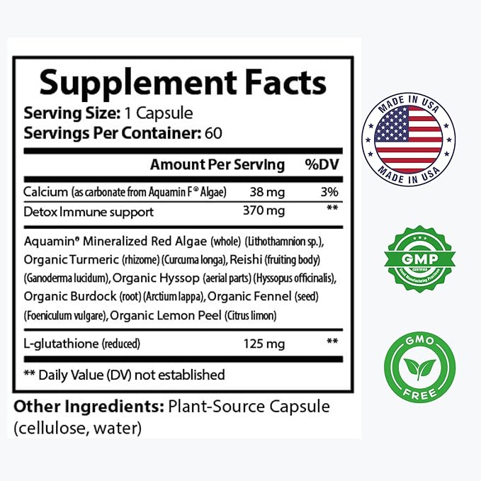 Glutathione Complex – 125mg Reduced L-Glutathione with Organic Turmeric Aquamin® Reishi and Herbal Detox Blend – 60 Vegan Capsules – Immune &amp Liver Support Antioxidant Detox Formula