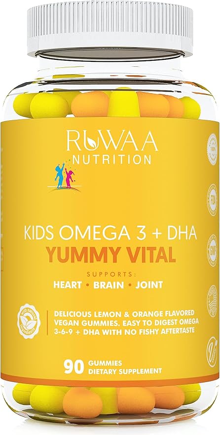 RUWAA NUTRITION Omega 3 DHA Plant-Based 3 6 9 + Vitamin C: Immune Support Heart Brain Eye &amp Joint Supplement Vegetarian Gluten Free Non-GMO 90 Gummies (1)