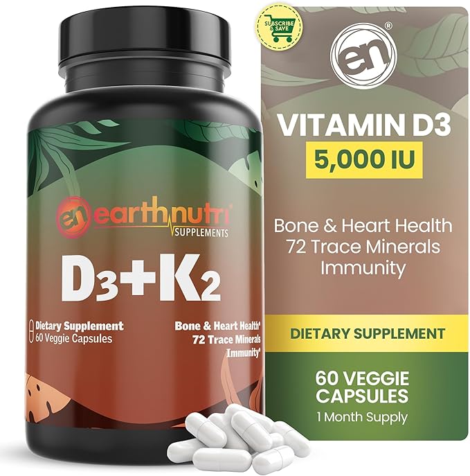 EarthNutri - Vitamin D3 Plus K2 Vitamin Supplement 5000 IU – Includes K2 from MENA Q7 D3 from Vitashine Calcium from Aquamin &amp 72 Trace Minerals – for Immune Bone &amp Heart Health - Non-GMO