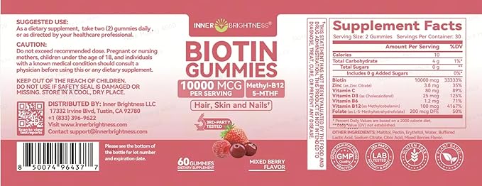 Biotin Gummies 10000 mcg – Hair Skin and Nails Support for Women &amp Men – with Vitamins C D3 B6 B12 &amp Folate – Mixed Berry Flavor Sugar Free 120 Count (2 Pack)