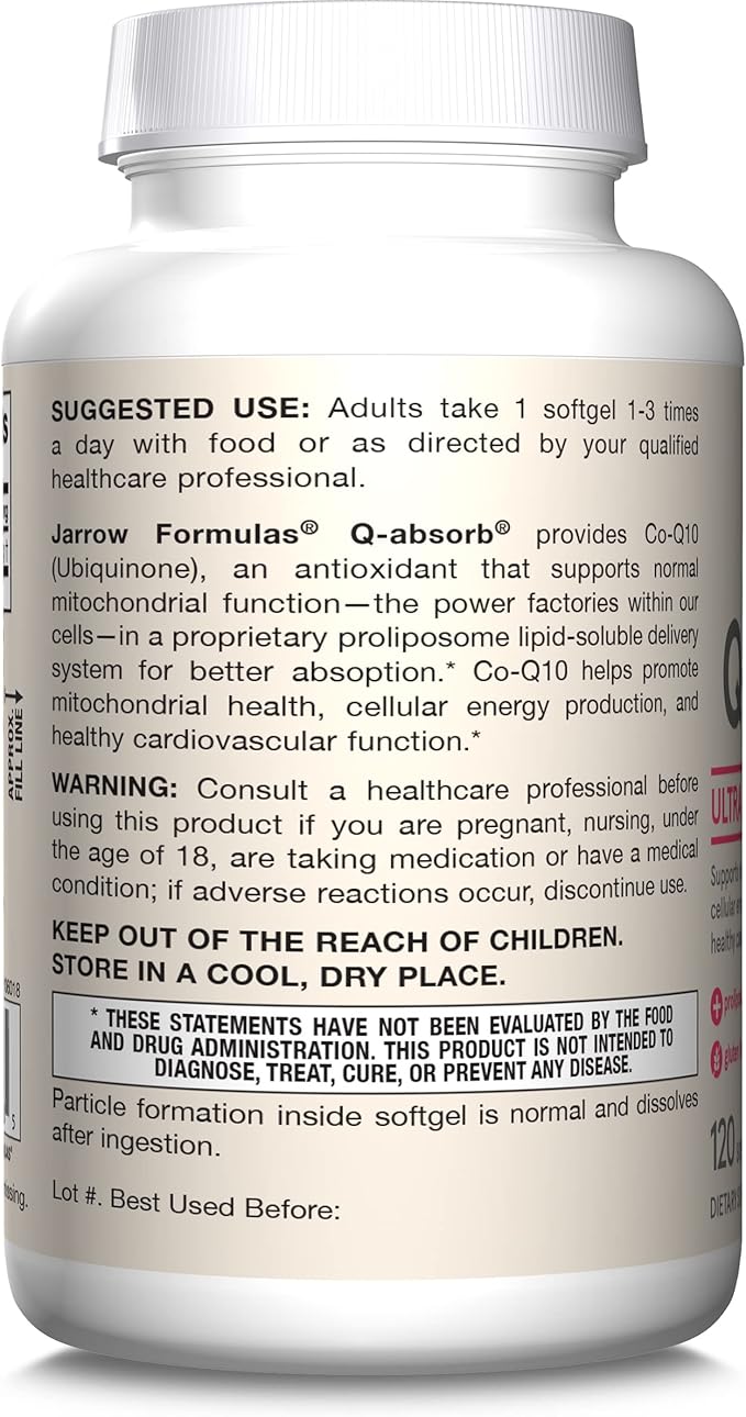 Jarrow Formulas Q-absorb Ubiquinone Co-Q10 100 mg Dietary Supplement Antioxidant Support for Mitochondrial Health Cellular Energy Production and Cardiovascular Health 120 Softgels 120 Day Supply