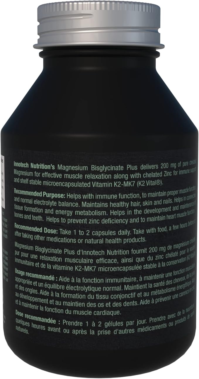 INNOTECH Nutrition Magnesium + 120 Capsules - Contains Magnesium Bisglycinate Zinc Gluconate &amp Vitamins K2 MK-7 - Maintain Proper Muscle &amp Immune Function