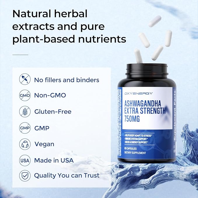 OxyEnergy Ashwagandha Capsules-750 mg Ashwagandha Extract-Stress ReliefNatural CalmMood Support &amp Energy Support-VeganNon-GMOGluten-Free-60 Counts