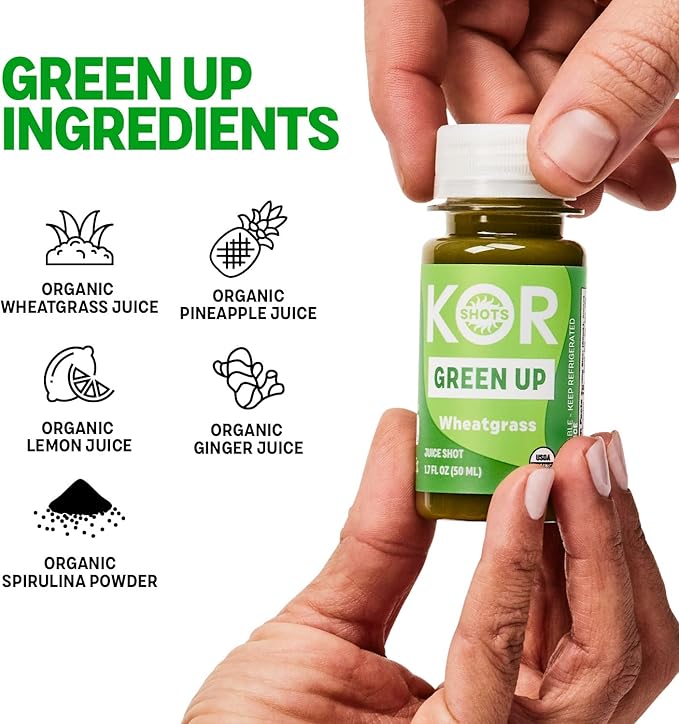 Kor Shot Wheatgrass Ginger Spirulina Shot - 24 Pack x 1.7 Fl Oz - Green Up Shot - Daily Greens Superfoods Shot - USDA Certified Organic