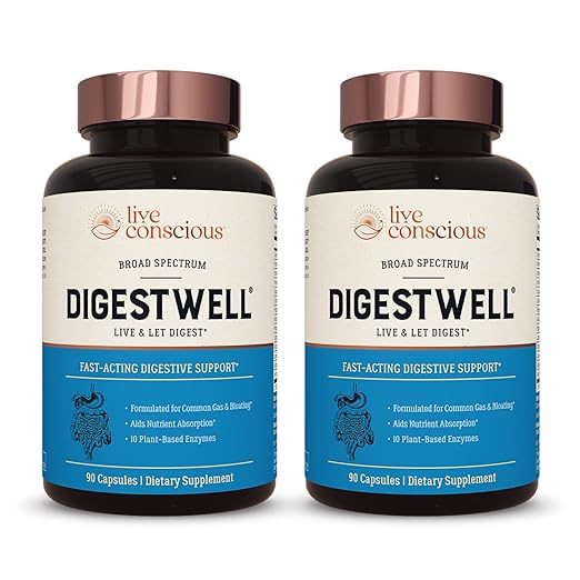 Live Conscious DigestWell Immediate Support - Fast-Acting Digestive Support | Broad Spectrum Enzyme Probiotic &amp Herbal Formula - Decreases Everyday Gas &amp Bloating - 90 Capsules (2-Pack)