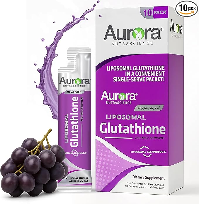 Vida Lifescience Aurora Nutrascience Mega-Liposomal Liquid Glutathione Immune &amp Antioxidant Gut Health Support Supplement 750 mg per Serving Non-GMO Sugar-Free 10 Single Serve Packets