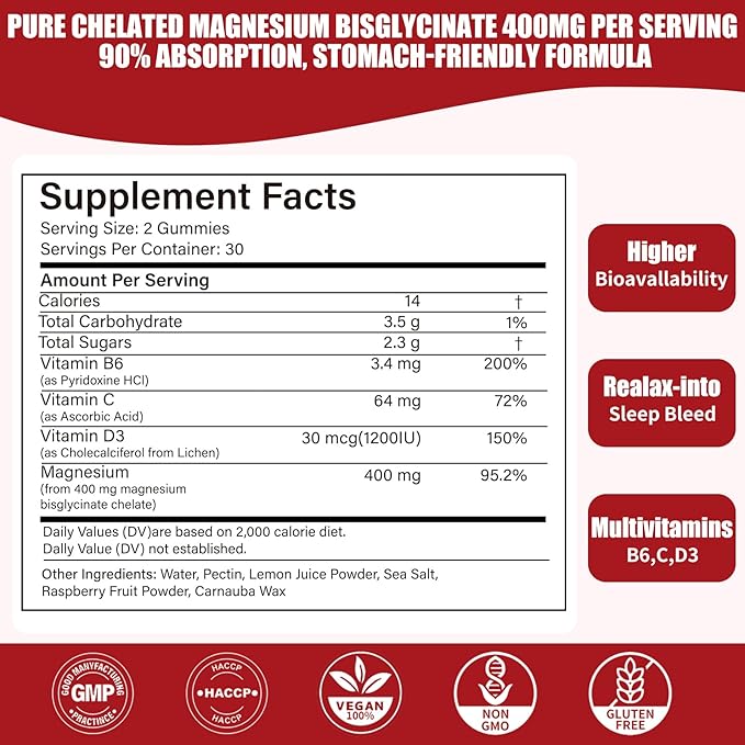 Hywebvctok 400mg Magnesium Bisglycinate Gummies with Vitamin B6 C D3 Promotes Muscle &amp Nerve Function Relaxation &amp Wellness Raspberry Flavor 60 Count