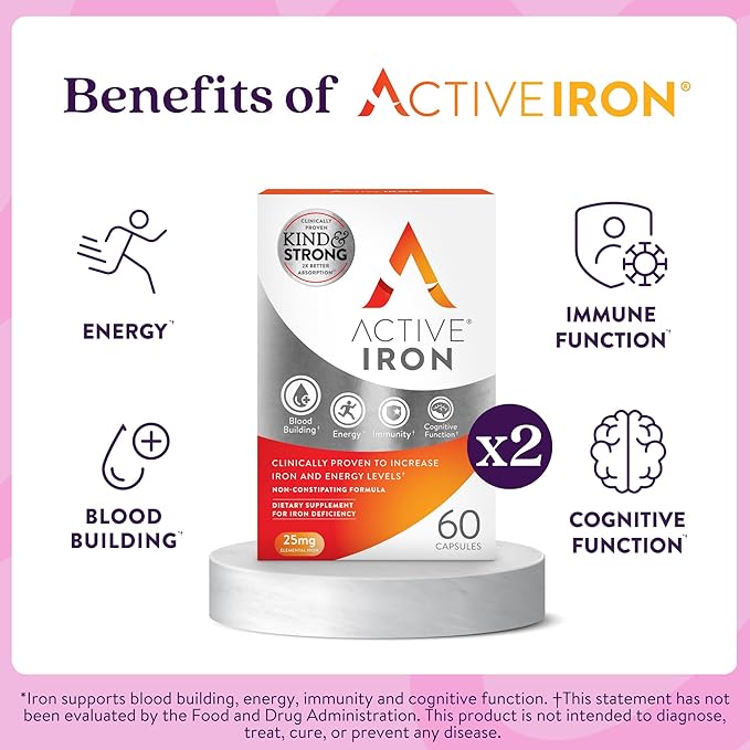 Active Iron Supplement 25mg Clinically Proven to Increase Iron &amp Energy Levels Maximum Absorption Gentle Non-Constipating Avoids Nausea &amp Side Effects 120 On-the-Go Foil Protected Capsul