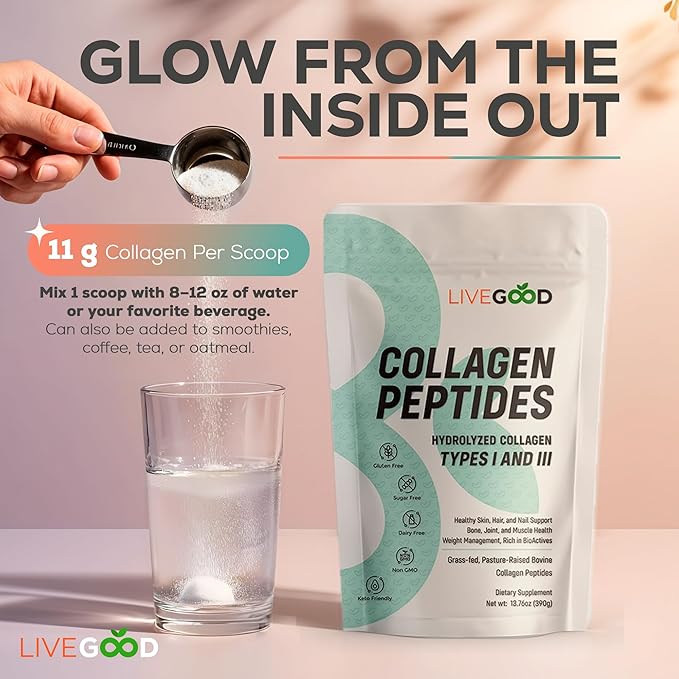 LIVEGOOD Collagen Peptides Powder Hydrolyzed Type I and III Collagen for Hair Skin Nails and Joints Unflavored Grass-Fed Collagen Supplement for Mobility and Recovery (30 Servings)