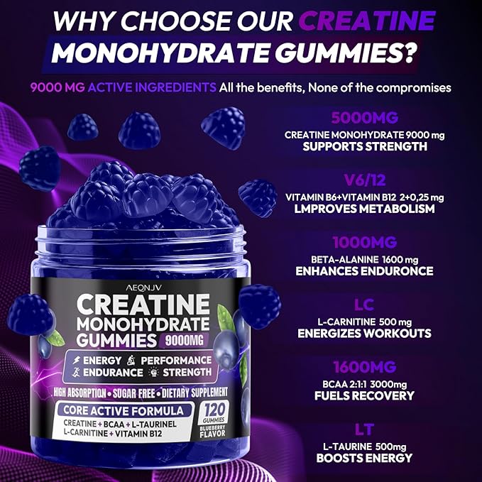 Creatine Gummies Monohydrate Complex for Men &amp Women 9000MG Creatine Pre-Workout Supplement Enhance Muscle Strength Recovery Cognitive Health &amp Memory 120 Gummies Sugar Free Vegan Non-GMO