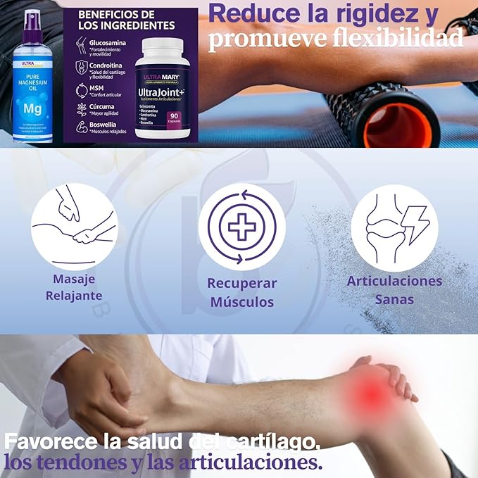 Joint Support UltraMary+(90 Capsules)+Pure Magnesium Oil Spray(300 ml) Combo–Glucosamine 1500mg Chondroitin MSMTurmeric &amp Boswellia–Mobility Flexibility &amp Muscle Relief|Articulaciones &amp