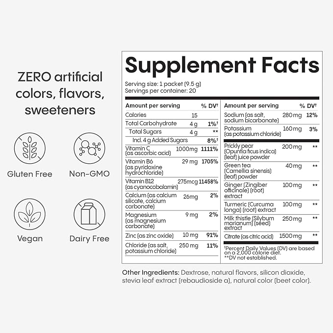 Hydralyte Liver Support + Electrolyte Mix with Milk Thistle Turmeric Ginger Prickly Pear Green Tea Extract Formulated for Rapid Rehydration (Blood Orange Ginger 20 Packets)