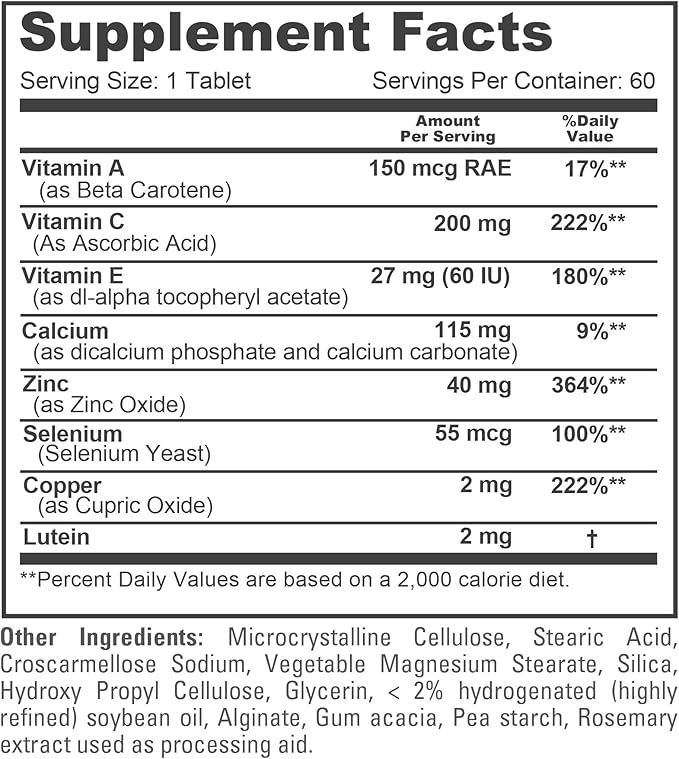 NusaPure Vision Support Nutrients with Vitamin A C E Calcium Zinc Selenium Copper Lutein 60 Tablets Non-GMO Dietary Supplement