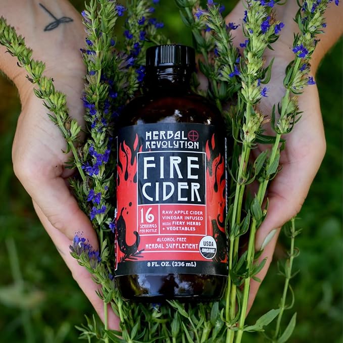 Herbal Revolution Fire Cider Apple Cider Vinegar - Certified Organic Non-GMO ACV Infused with Ginger Horseradish Hot Peppers Honey and More - Made Using Regenerative Farming Practices 16 Oz