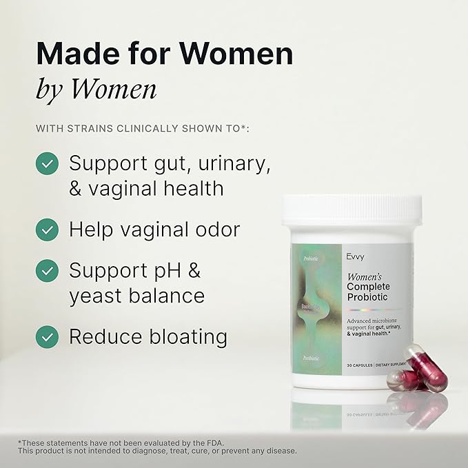 Evvy Women's 3-in-1 Complete Probiotic I Daily Probiotic Supplement to Reduce Bloating I Supports Gut Urinary &amp Vaginal Health | Includes Vaginal Probiotics for Feminine Care | 30 Day Supply