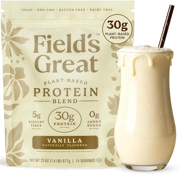 Field's Great All-in-One Plant-Based Vanilla Protein Shake Powder – Healthy Aging 30g Protein 5g Fiber + Probiotics Gut-Friendly Blood Sugar &amp Muscle Support Vegan Meal Replacement GLP1 23o