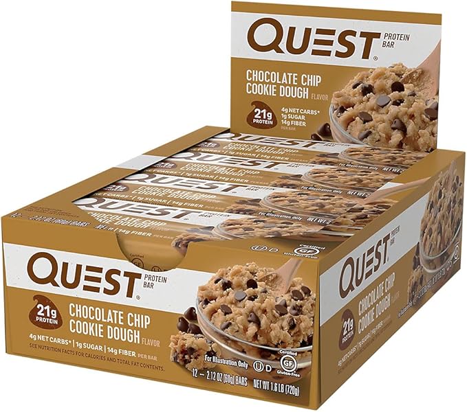 Quest Nutrition Chocolate Chip Cookie Dough Protein Bars High Protein Low Carb Gluten Free Keto Friendly 12 Count