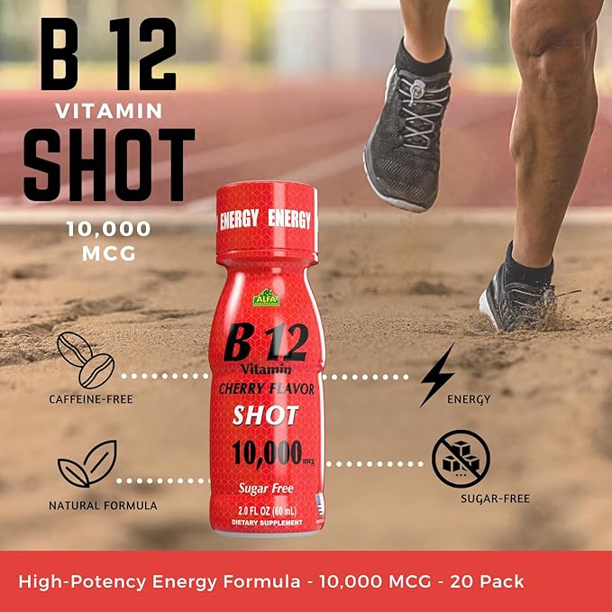 ALFA VITAMINS Vitamin B12 Energy Shot Natural Sugar Free Dietary Supplement Boosts Energy Supports Immune System Cherry Flavored Gluten Free 10000 mcg per Serving 2.0 oz Bottle 80 Pack