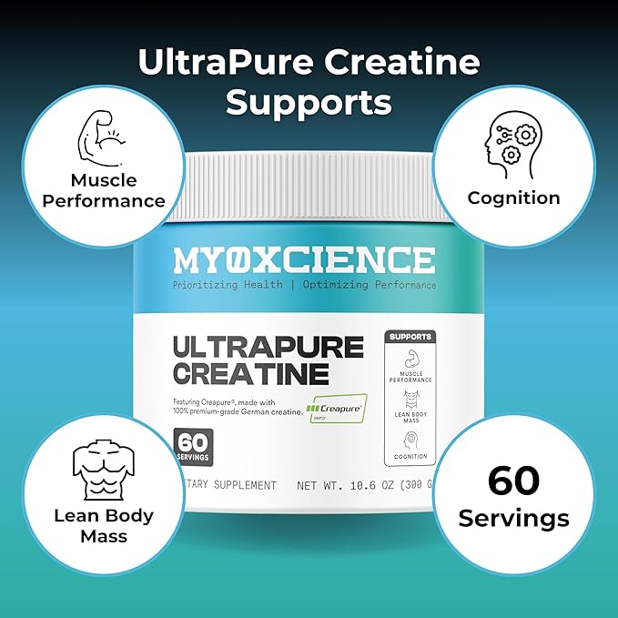 MYOXCIENCE Creapure® Creatine Monohydrate | Supports Strength &amp Muscle Mass Cognition and Lean Body Mass | Unflavored 60 Servings