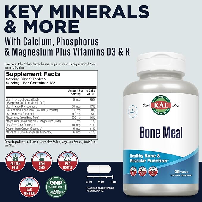 KAL Bone Meal Tablets Calcium Supplement w/Magnesium Vitamin D3 and K Bone Health Muscle and Nerve Function Support Rapid Disintegration Gluten Free Non-GMO 60-Day Guarantee 125 Serv 250ct