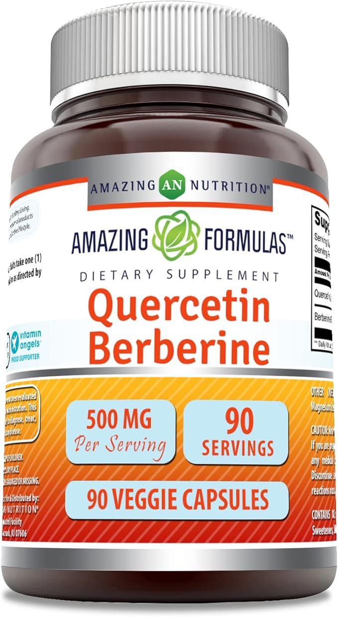 Amazing Formulas Quercetin 250 Mg &amp Berberine 250 Mg | Veggie Capsules Supplement | Non-GMO | Gluten-Free | Made in USA (1 Pack | 90 Count)