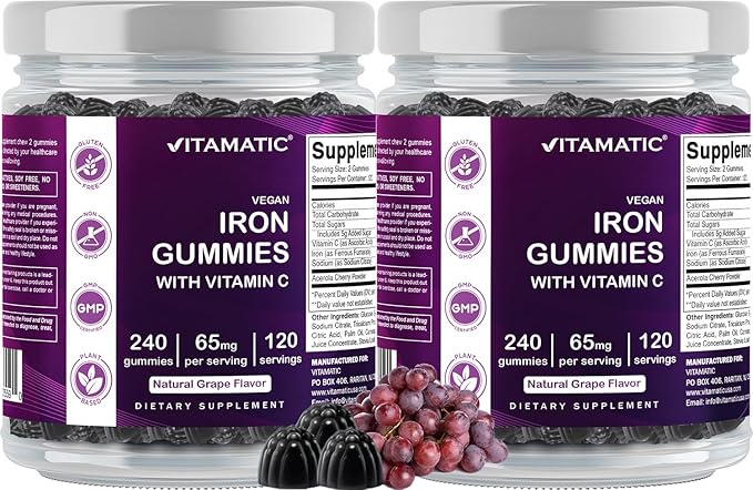 Vitamatic Iron 65 mg Gummies Supplement for Women &amp Men - 240 Vegan Gummies - Great Tasting Iron Gummy Vitamins with Vitamin C