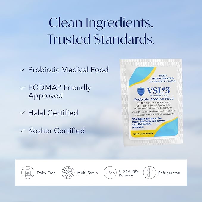 VSL#3® Probiotic Powder for Digestive Health IBS &amp UC Symptoms - 450B CFUs High-Potency Multi-Strain Live Refrigerated Probiotic Medical Food for Gut Health Support in Men &amp Women 60 Pa