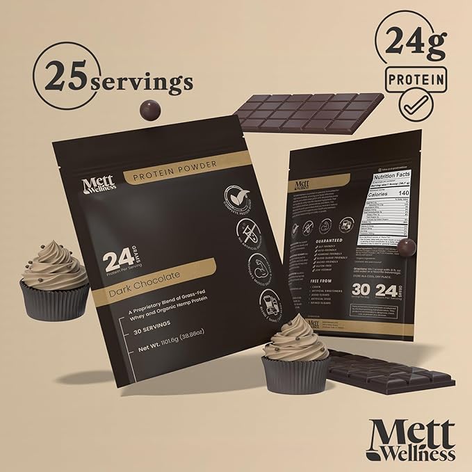 Dark Chocolate Grass-Fed Whey + Hemp Heart Protein Powder with Bovine Collagen | 24g Protein per Serving | Supports Digestion &amp Daily Wellness | 2.4 lbs (30 Servings)