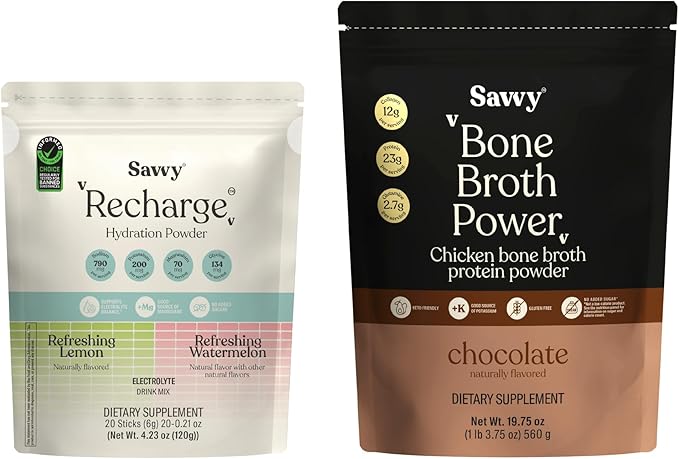 SAVVY Bone Broth Power Chocolate Protein Powder 23g Protein 12g Collagen &amp Recharge Electrolyte Powder Sugar Free Hydration Drink with Sodium Magnesium Potassium (Variety (Lemon + Watermelon)