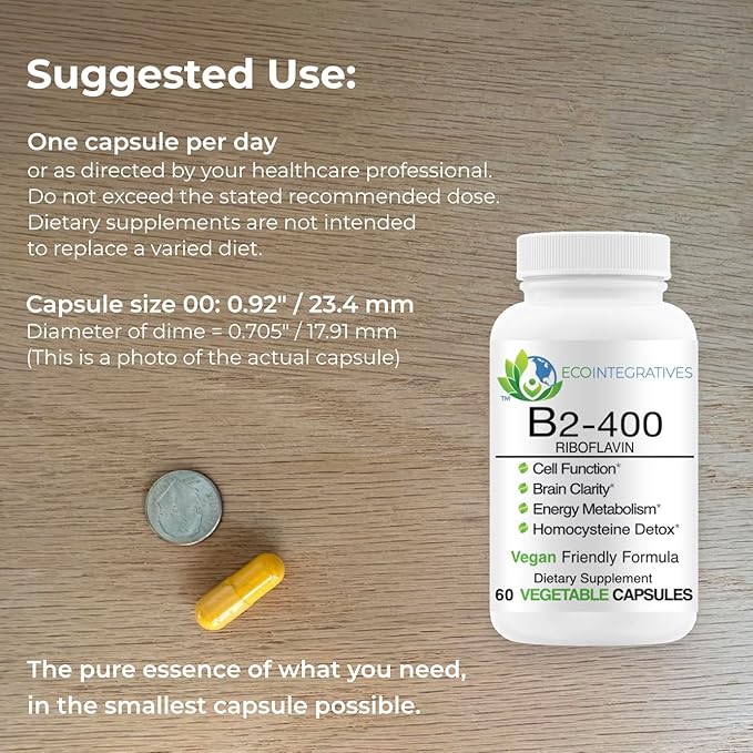 EcoIntegratives B2-400 Pure Riboflavin - Nervous System Health Homocysteine Detox Cardiovascular Helps Boost Energy Mental Clarity Metabolism and Cell Function - 60 Vegan Capsules