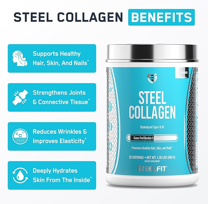 SteelFit Grass-Fed Collagen Peptides Powder Unflavored - Hydrolyzed Collagen for Hair Skin Nails &amp Joint Support - Grass Fed Bovine Type 1 &amp 3 with Biotin Vitamin C &amp Hyaluronic Acid -