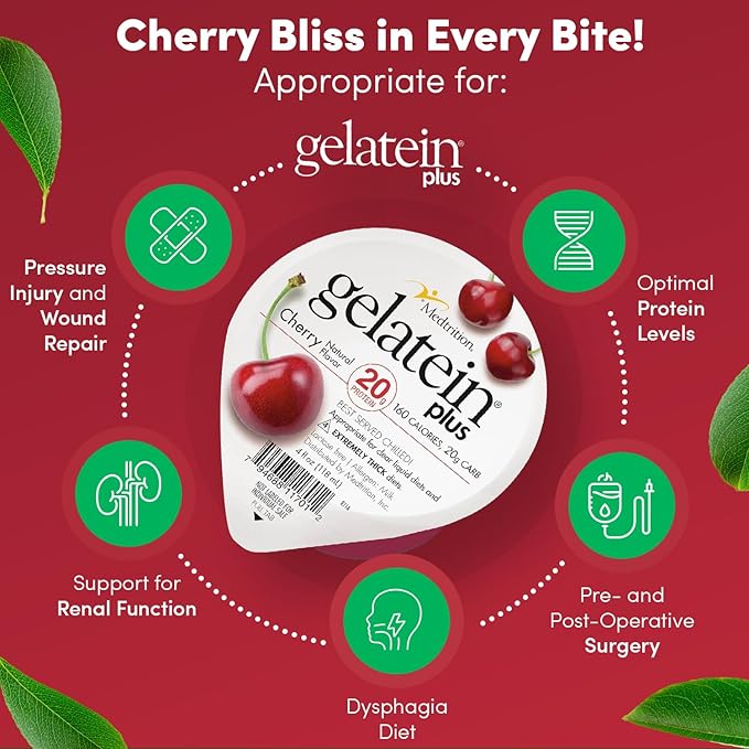 Gelatein Plus Cherry: 20 grams of protein. Ideal for clear liquid diets swallowing difficulties dialysis and oncology. Great pre or post-workout snack. (12 pack)