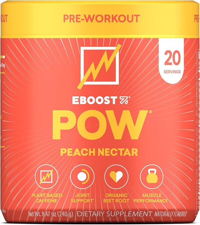 EBOOST POW Natural Pre Workout Powder - 20 Servings Peach Nectar - Preworkout Energy Booster Gym Supplement Drink Mix for Men and Women - Performance Joint Mobility Support - Gluten-Free