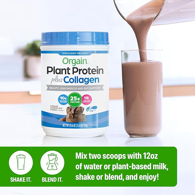 Orgain Protein Powder + Collagen Creamy Chocolate Fudge - 25g of Protein 10g Collagen Peptides Type I &amp III 1B CFU Probiotics Supports Hair Skin Nail Joint &amp Gut Health Gluten Free -