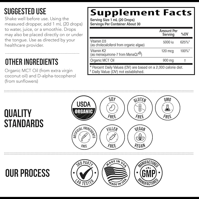 Organic Plant D3 + K2 (5000 iu D3) - All-Trans MK7 from MenaQ7 (120 mcg K2) - 100% Organic &amp Plant-Based Sublingual D3 Drops (Cholecalciferol) 100% Vegan - Supports Immunity Bone(1oz)