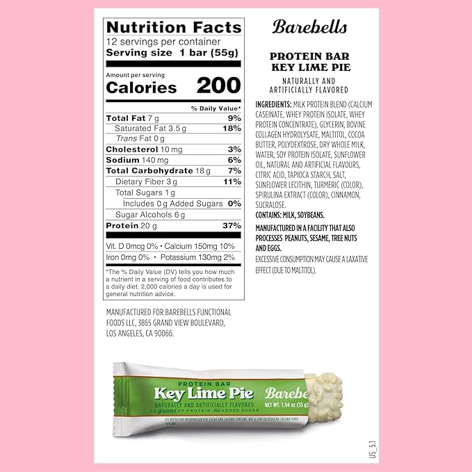 Barebells Protein Bars Key Lime Pie - 12 bars 20g High Protein Treats - White Chocolate Nutrition Bar with 1g Total Sugars - On-The-Go Breakfast or Post-Workout Snack