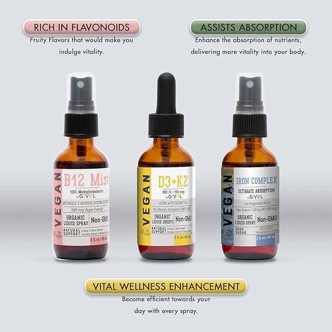 Energy &amp Vitality Bundle Liquid Vitamin Spray Trio - B12 Methylcobalamin Iron Bisglycinate and D3 (Lichen) &amp K2 (MK4 &amp MK7) Non-GMO Gluten Free Sugar-Free 2 Fl Oz (60 ml) 540 Days Su